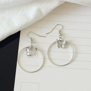 SILVER HOOP HANGING BUTTERFLY EARRINGS JEWELRY